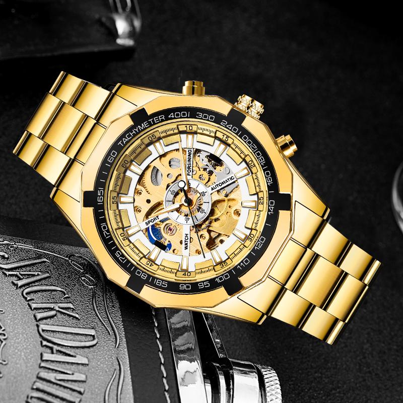 

Wristwatches Forsining Brand Gold & White Luxury Stainless Steel Waterproof Mens Skeleton Watches Transparent Mechanical Male Wristwatch