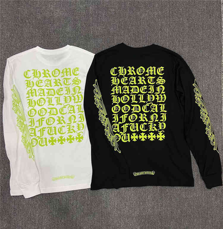 

Factory chiome cioxin horseshoe back fluorescent yellow Sanskrit letter men' and women' long sleeve T-shirt, White