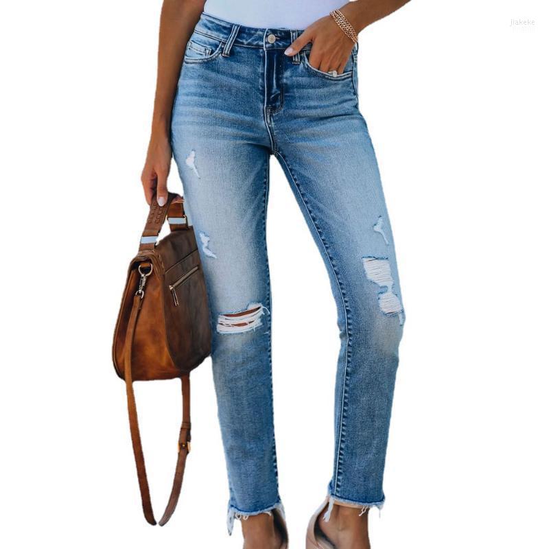 

Women' Jeans Streetwear Women Ripped Skinny Denim Pants Urban Casual Solid Long Trousers Fashion Clothes Light Blue Straight Bottoms