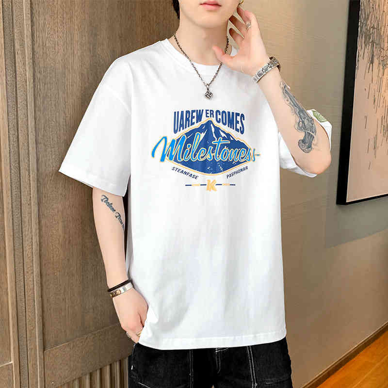 

Men's short sleeve 2022 summer new Korean men's cotton T-shirt youth fashion brand top bottom shirt, White