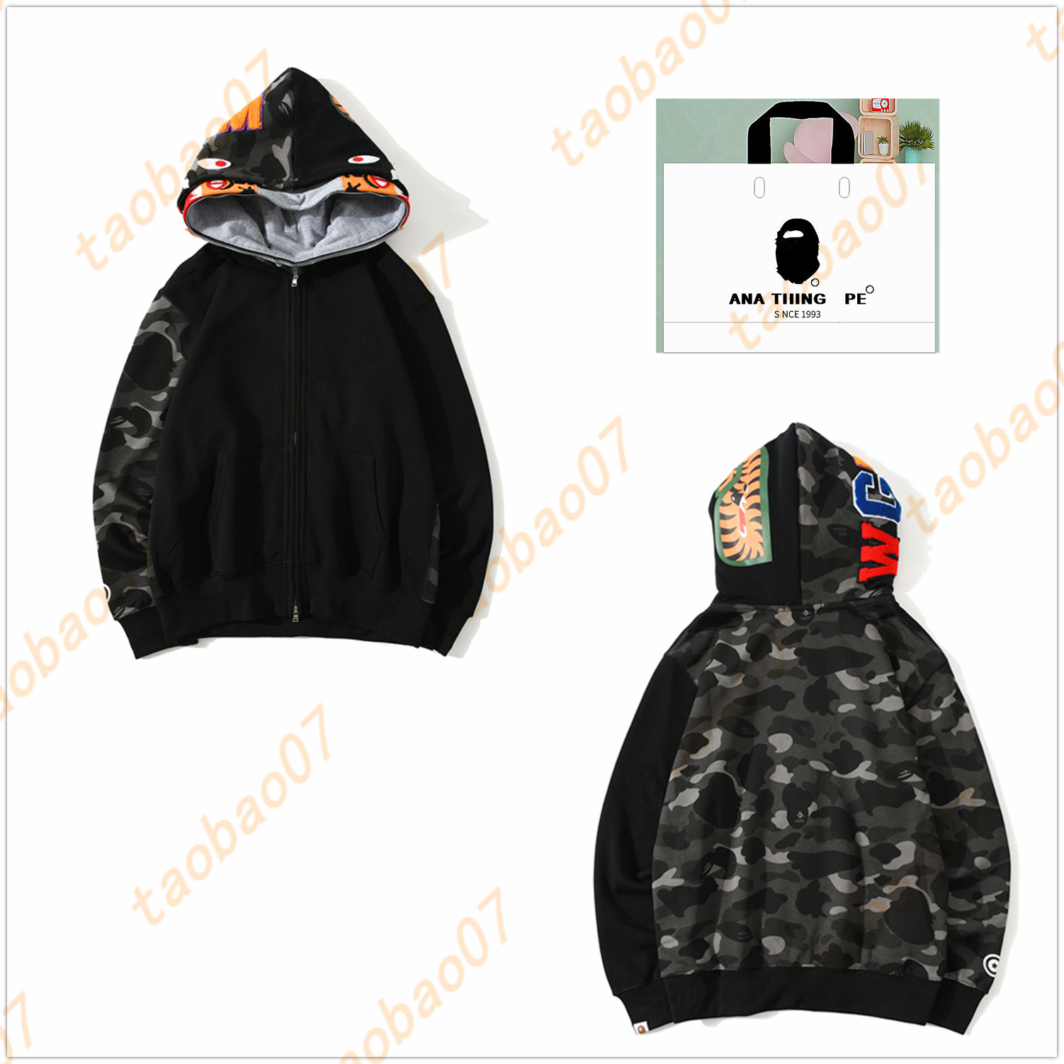 

ape hoodie mens designer hoodie men hoodies double cap clothes shark hoodys luminous sweaters Reflective oversize Fleeces camouflage sweatshirts cardigan C05, 1pcs buttons