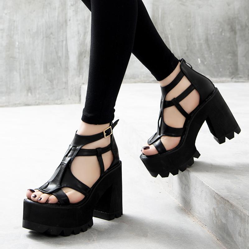 

Sandals Chunky Heel Gladiator Women High Heels Shoes Open Toe Summer For Strappy YMA162-1, Black