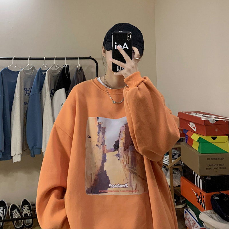 

Men Streetwear Harajuku Sweatshirts Oil Painting Loose Sweatshirts Oneck Hip Hop Male Pullovers Vintage Korean Style Hoodies 220816, Blue