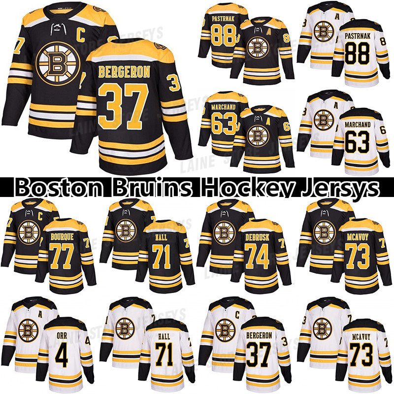 

Bostons Bruin hockey jersey 37 Patrice Bergeron 88 Pastrnak 63 Brad Marchand 71 Taylor Hall 73 Charlie McAvoy 4 Bobby Orr 33 Zdeno Chara Mens Youth Women jerseys, Black mens