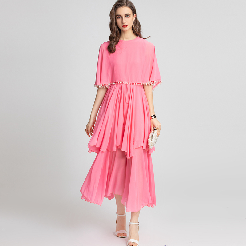 

Women's Runway Dresses O Neck Cape Sleeves Tassels Tired Ruffles Elegant Fashion Holiday Vestidos, Green