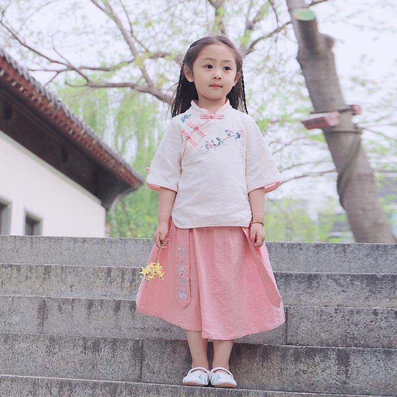 

Ethnic Clothing Tang Suit Chinese Traditional Costumes For Girls Floral Embroidery Top Skirts Set Blue Cheongsam Summer Short Sleeve 2022Eth