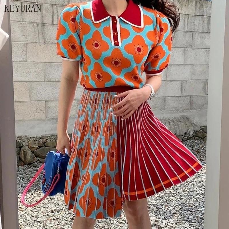 

Work Dresses Crop Top And Skirt Two Piece Set Women Floral Print Short Sleeve Knit Blouse Shirt + Irreglar Pleated Suit Vacation Outfit, Photo color