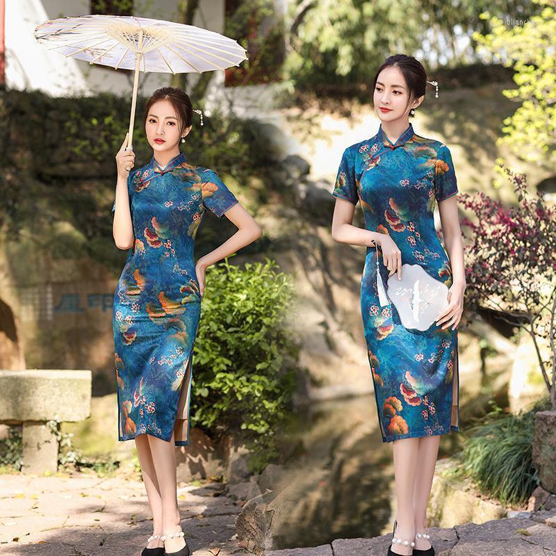 

Ethnic Clothing Slim Print Floral Cheongsam Sexy Female Chinese Novelty Qipao Vintage Button Dresses Gown Elegant Evening Party Mid Vestidos