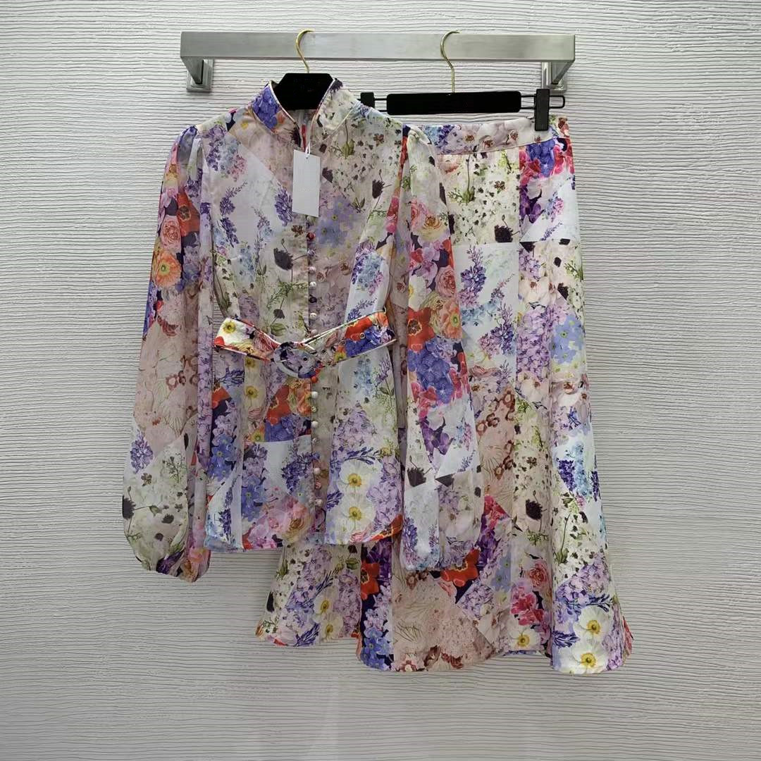

Two Piece Dress 2022 Spring Summer Stand Collar Long Sleeve Coats And For Womens Fashion Print Skirts 2 Pieces Sets 0326-11, Picture color