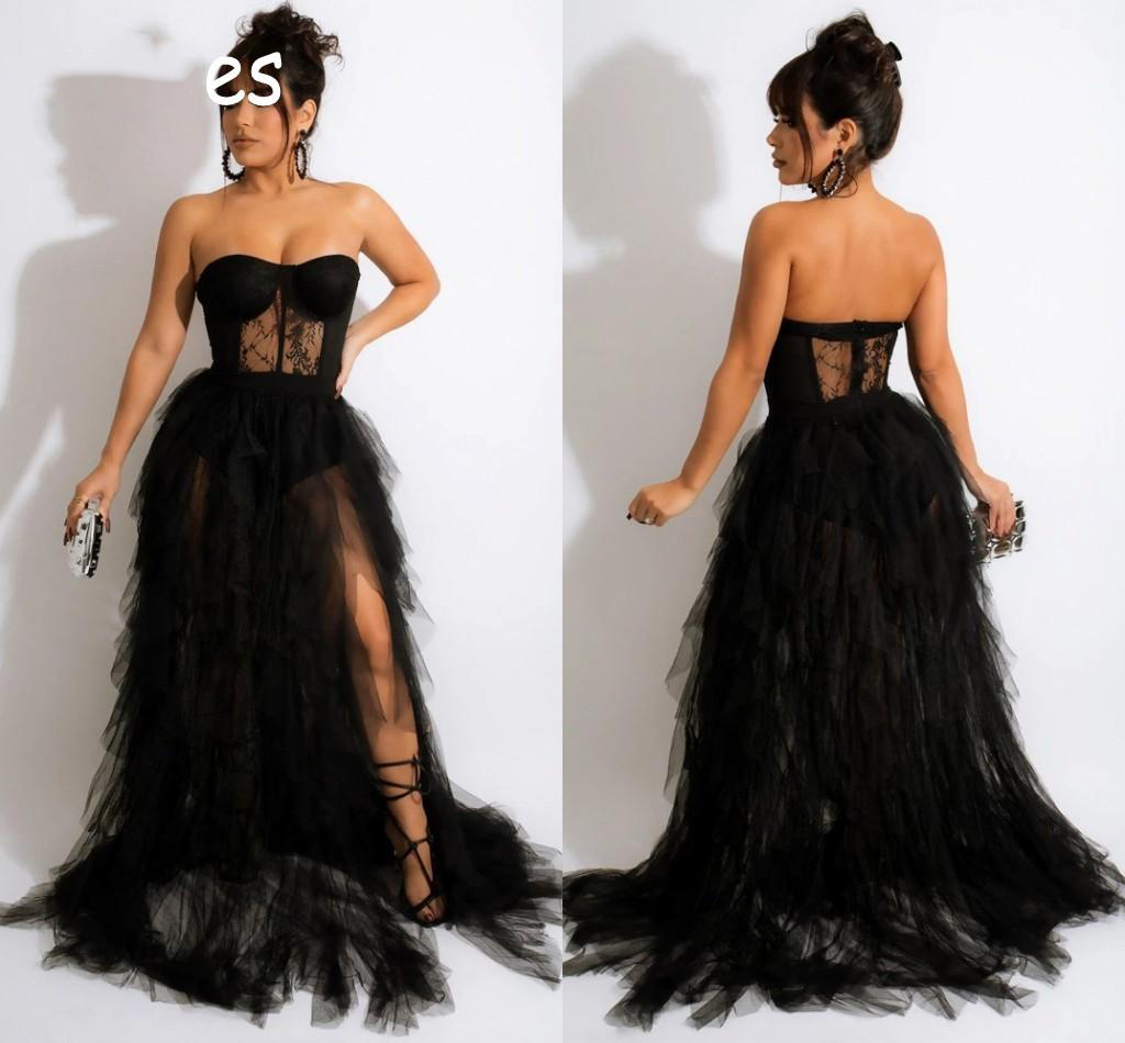 

Tiered Tulle Sexy Evening Dresses Black Illusion Lace Sweetheart Open Back Plus Size Formal Party Gowns Sweep Train A Line Side Slit Vestidos De Festa, Orange