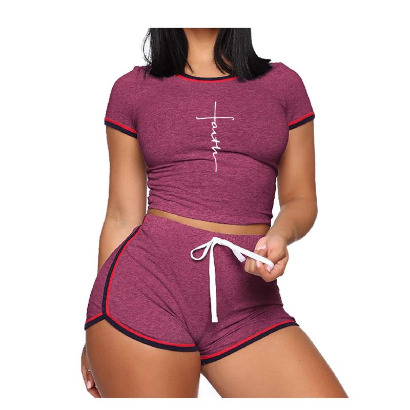 

Women' Tracksuits Female Cropped Tops Tracksuit Women Summer Faith Printed Short Suit Casual Shorts T-shirt Two Piece Set Cool And Comforta, Pink