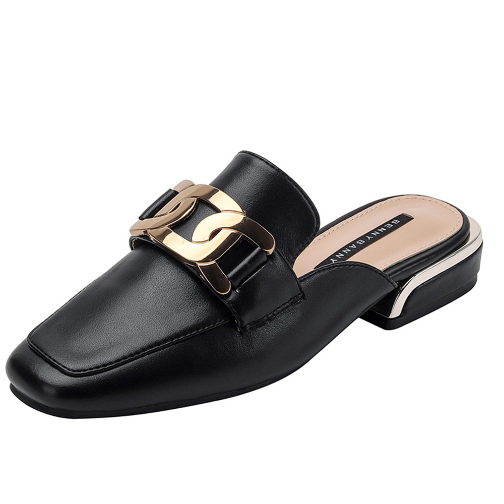 Black Leather sandals Baotou half slippers women's summer outerwear fashion 2022 new thick heels single net red Muller shoes travelling wear