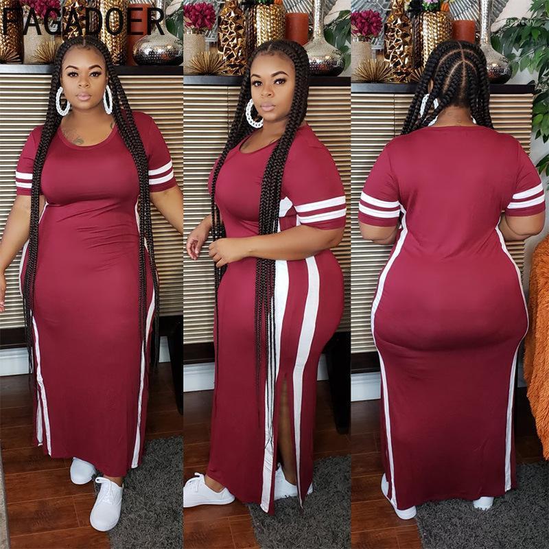 

Plus Size Dresses FAGADOER Casual Striped Print Maxi Dress 5XL Women Round Neck Short Sleeve Side Slit Vestidos 2022 Robe Clothes Jasp22, Gray