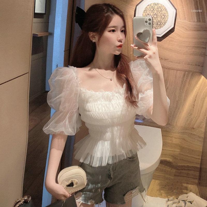 

Summer Women Square Collar Puff Sleeve Basic Ruffles Chic Shirt Sexy Lady Short Elastic Slim Mesh Gauze Chiffon Blouse Tops, Women shirts