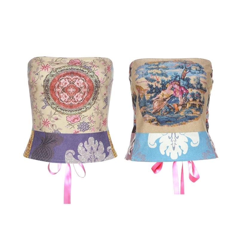 

Belts Vintage Crop Tops Tank Top Floral Bustier Oil Painting Print Retro Corset For Women To Wear Out, Black