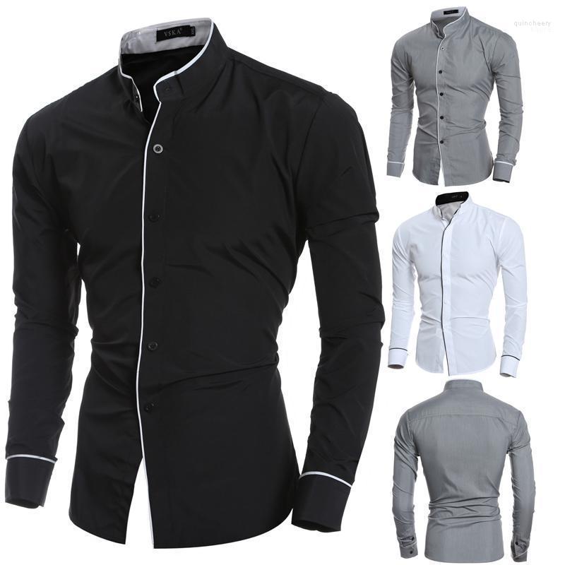 

Stand Collar Men Shirt 2022 Fashion Long Sleeve Casual Shirts Solid Slim Fit Business Dress Chemise Homme Men's Quin22, Grey shirt men