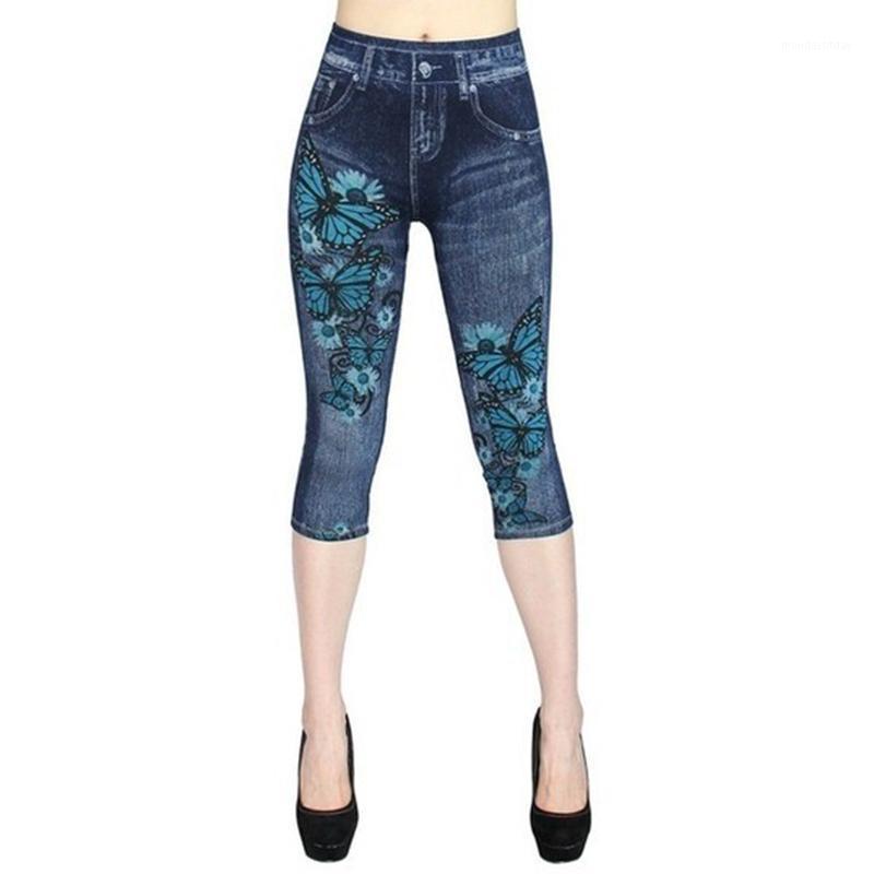 

Women's Leggings Ladies Denim Pants Floral Butterfly Printed Jeans High-Waist Pencil Cropped Elasticated Skinny Calf-length Female
