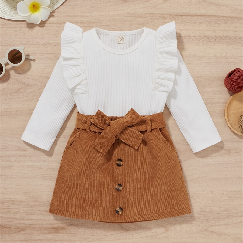 

Girls Ruffle Trim Tee & Belted Corduroy Skirt SHE, Multicolor