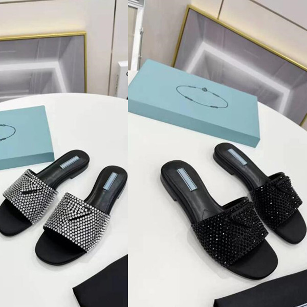 

Spring 2022 New Crystal diamond Slippers Iconic triangular logo square head high-heeled women shoes Size 35-42 With Box And Dust Bags, Silver/low