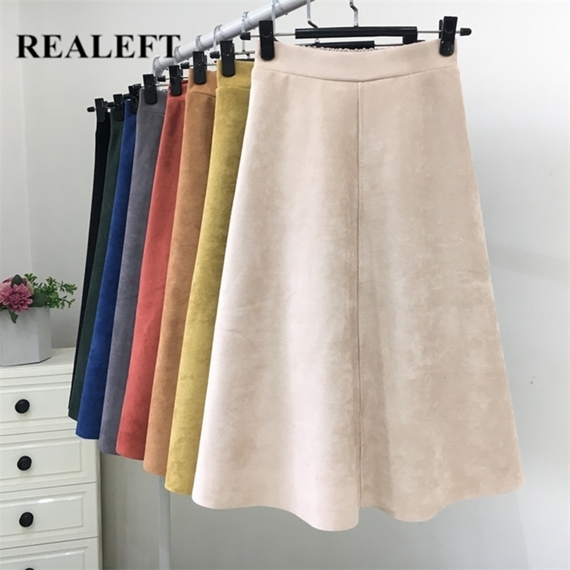 

REALEFT Autumn Winter Women Suede Midi Skirts High Waist Multi Color Elegant A-Line Umbrella Ladies Skirt Female 220401, Red