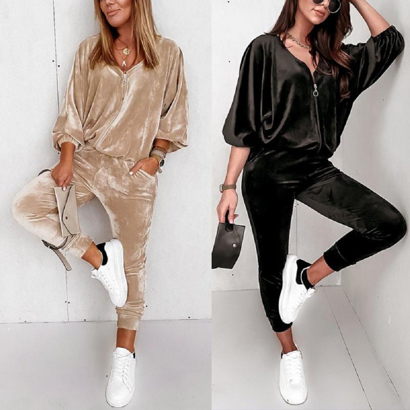 

Women' Two Piece Pants Autumn And Winter Style Gold Velvet Zipper Long-Sleeved Trousers Solid Color Casual Suit WomenWomen