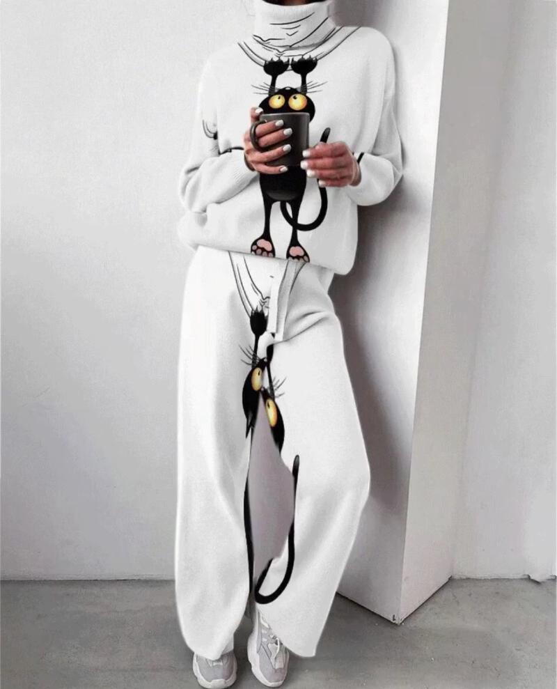 

Women's Two Piece Pants RMSFE 2022 Style Printed Autumn And Winter Women Long Sleeve High Neck Knitted Wide Leg Set, Pink