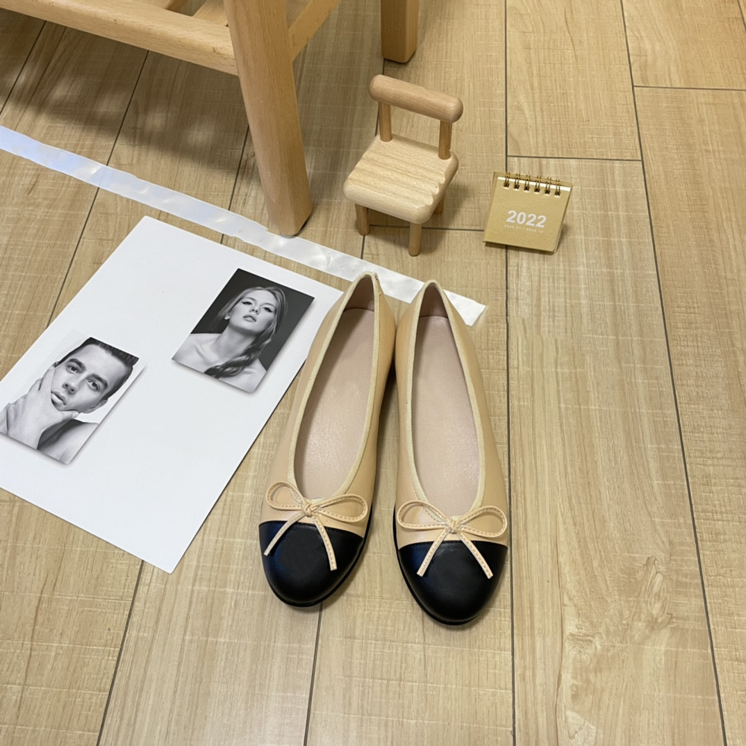 

Ballet Flats Classic Shoes Women Basic Leather Tweed Cloth Two Color Splice Bow Round Fashion Women Shoe