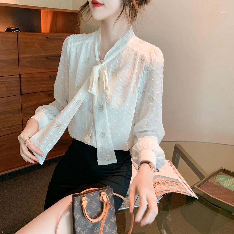 

Women' Blouses & Shirts Blouse Women 2022 Spring Chiffon Shirt Printed Splicing Bottoming Fashion Bow Tie Long Sleeve Cardigan Top White