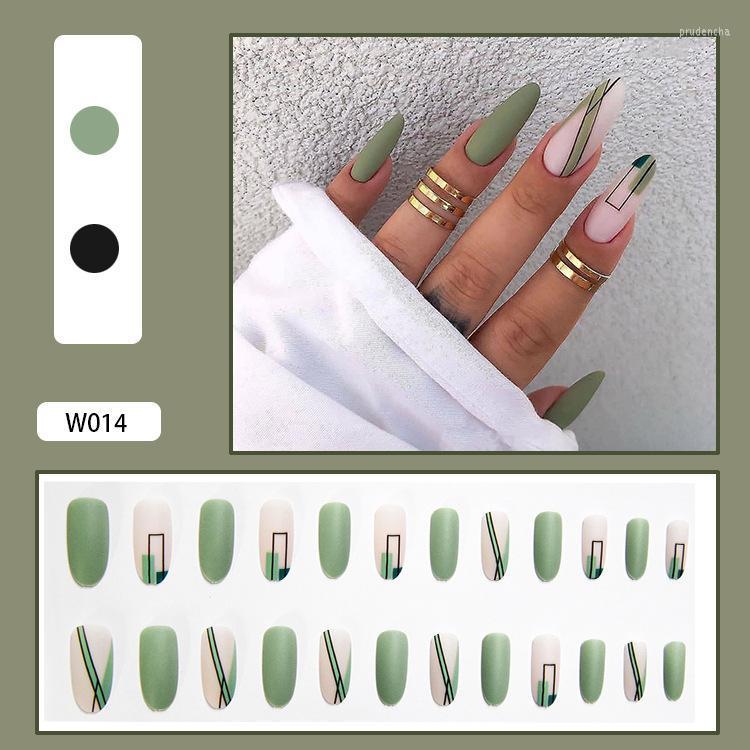 

False Nails 24pcs Matte Green Patch Glue Type Removable Long Paragraph Fashion Manicure Gifts For Girls Prud22, As