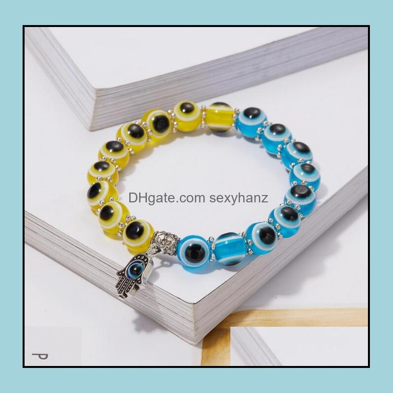 

Beaded Strands Bracelets Jewelry Evil Eye Bracelet Charms Fatima Hamsa Hand Lucky Blue Eyes Beaded For Women Men Lovers Elastic Rope Beads