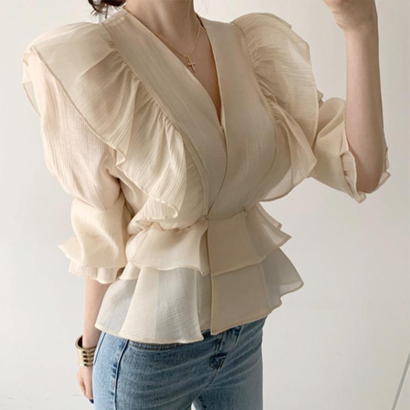 

Women's Blouses & Shirts Lace Up Ruffled V-Neck Women Patchwork Flare Sleeve Female 2022 Blouse Summer Fall Casual See Through Office Ladies, Apricot