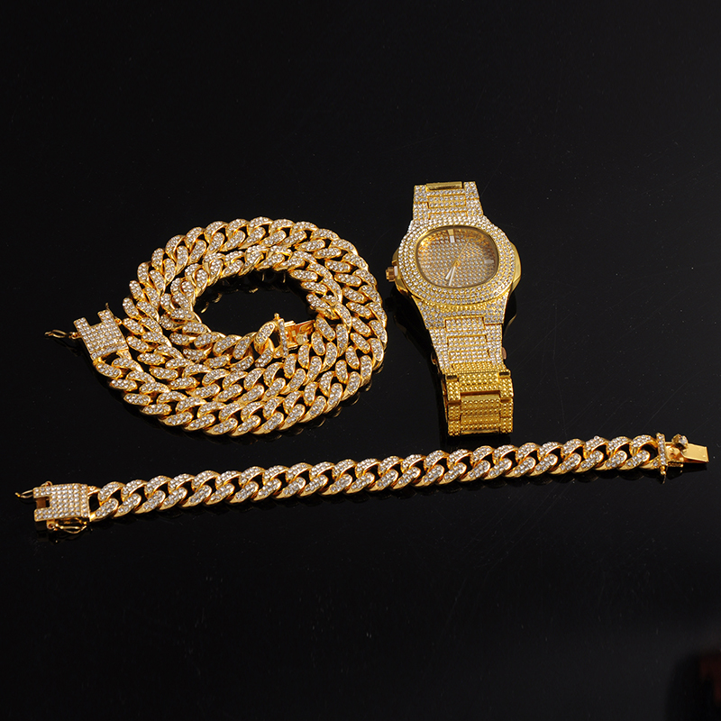 

Chains Gold Necklace Watch Bracelet Hip Hop Miami Curb Cuban Chain Full Iced Out Paved Rhinestones CZ Bling For Men JewelryChains