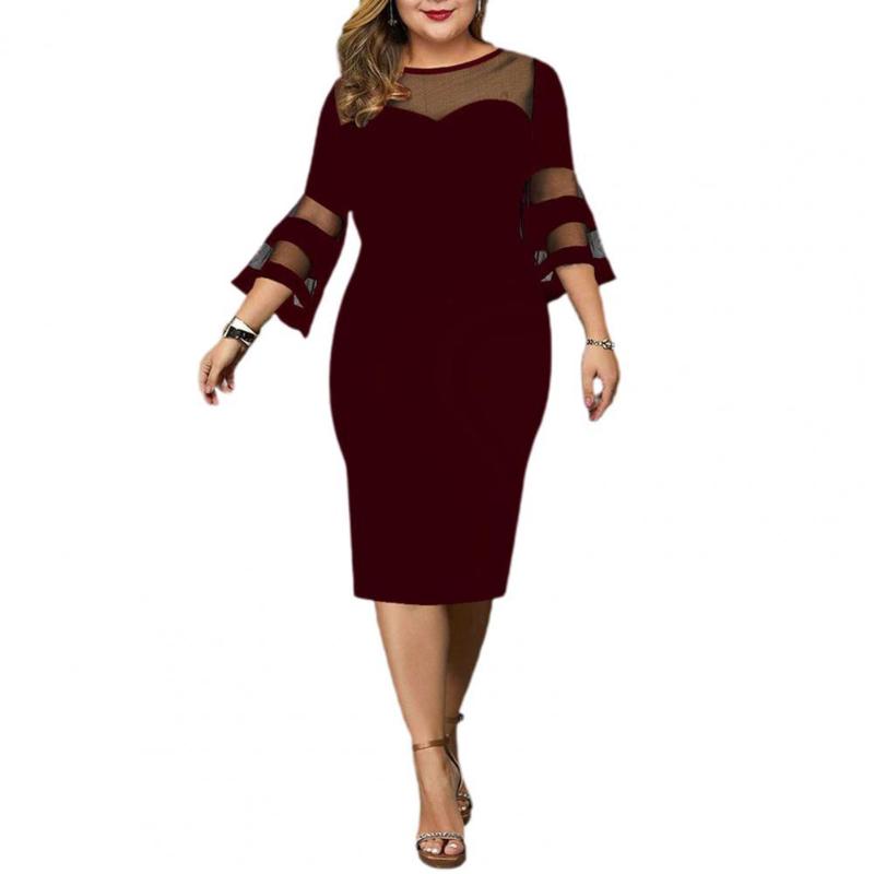 

Plus Size Dresses For Women 2022 Flare Sleeve Autumn Winter Vestidos Pure Color Slim Bodycon Midi Dress WeddingPlus, Black