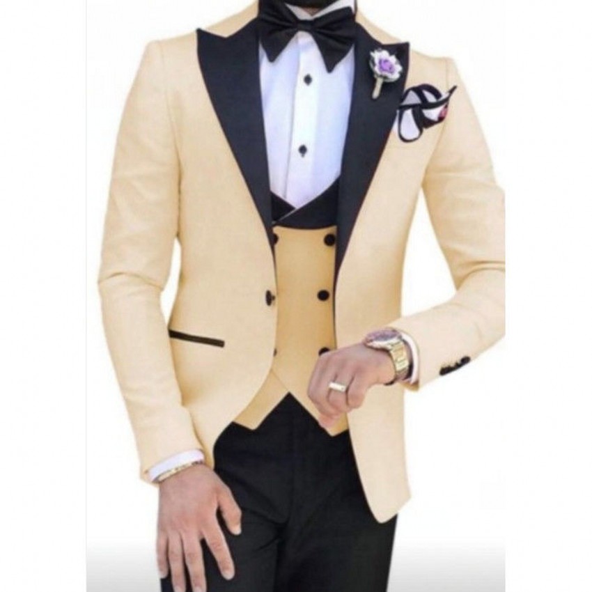 Brand New Beige Groom Tuxedos Black Peak Lapel Groomsmen Mens Wedding Dress Style Man Jacket Blazer 3 Piece Suit Jacket Pants Vest Tie 886