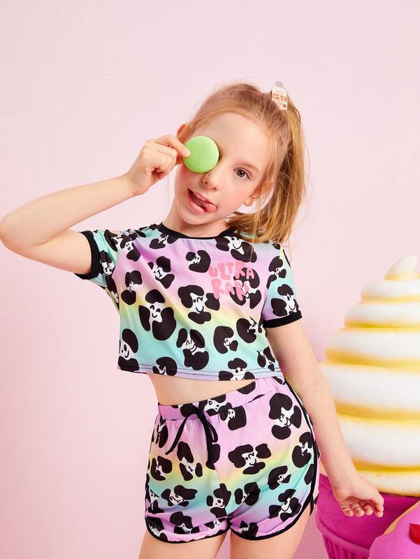 

X DAYDREAMS AND ICE CREAMS Girls Cartoon Graphic Contrast Binding Crop Tee & Shorts Set SHE, Multicolor