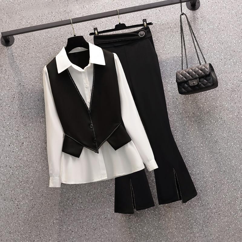 

Women's Two Piece Pants Elegant Vest Shirt Set Long Sleeve Top Straight Women Clothing Suit Solid Casual Sets AutumnWomen's, Pant