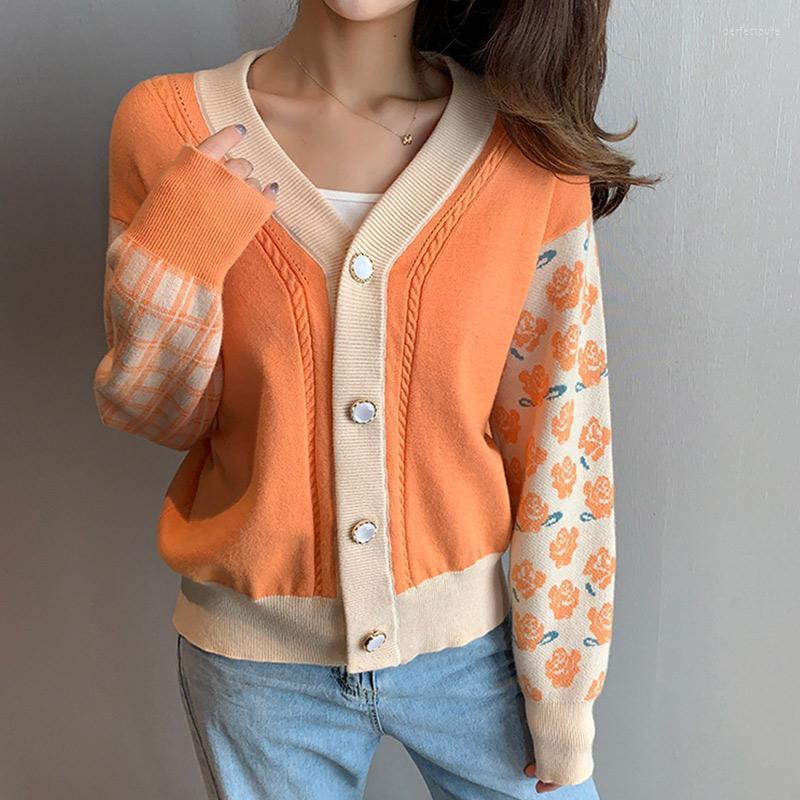 

Women's Knits & Tees Floral Print Knitted Women Korean Style Cardigans V-neck Loose Single-breasted Female Sweater Cardigan 2022 Casual Swee, Orange