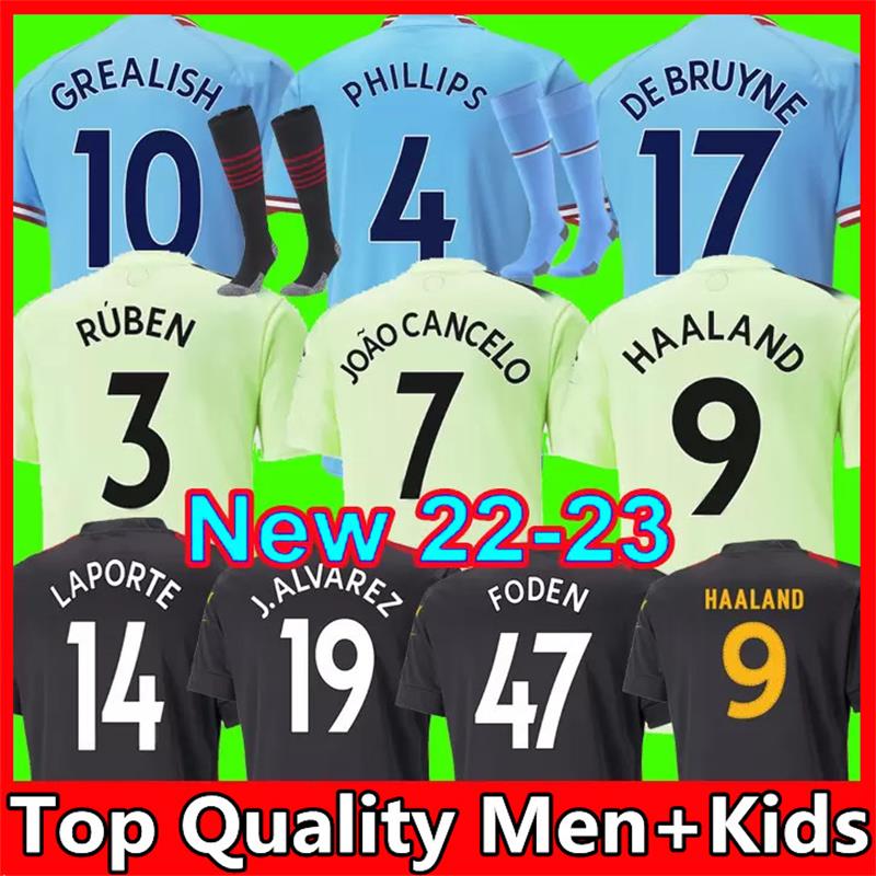 

22 23 DE BRUYNE HAALAND SOCCER JERSEYS PHILLIPS GREALISH MANS CITIES MAHREZ Joao Cancelo FODEN fans version ALVAREZ 2022 2023 football tops shirt kids kit set socks, 22-23 away kids