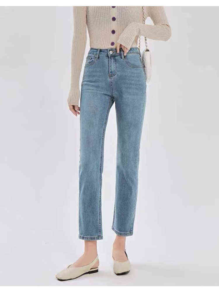 

Light-colored Straight Jeans Women's Summer New High-waisted Slim Elastic Chic Simple Solid Color Nine-point Denim Pencil Pants T220728