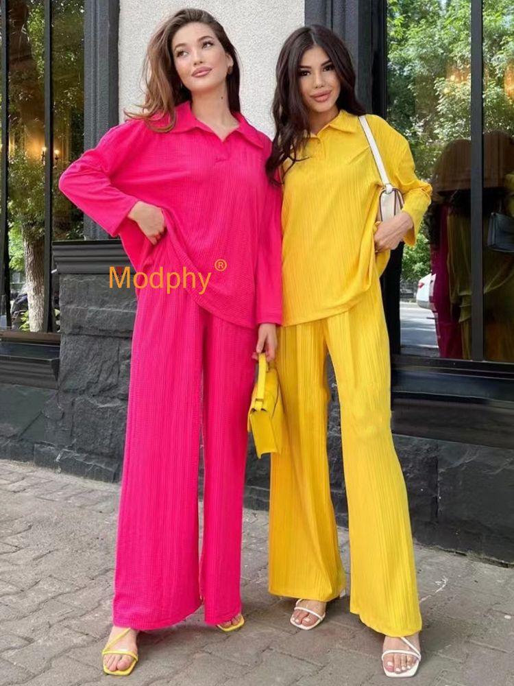 

Women' Two Piece Pants Causal Loose Home Suit Autumn Long Sleeve Pullover With High Wasit Set Women Pleated Beige 2 Pant SetsWomen, Yellow