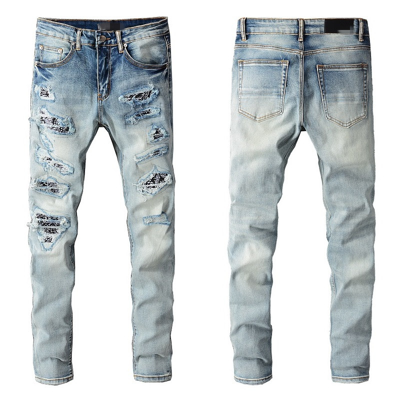 

Mens Jeans for Man Ripped Skinny Blue Guys Pants with Holes Slim Fit Rip Denim Moto Fashion 2022 Straight Leg Zipper European and American Style Summer Softener Long, 677
