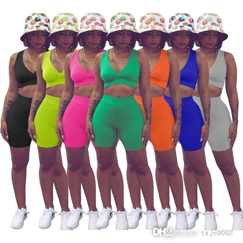 Ensembles d'été Designer Femmes Survêtements Sexy Deep V Débardeur Gilet Pantalon De Yoga 2 Pièces Ensemble Sportswear Courir Fitness Tenues