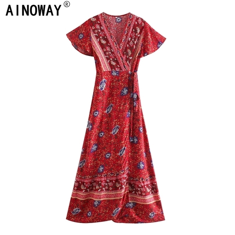 

Vintage chic vestido Floral print bat sleeve beach long Bohemian maxi sundress Ladies sexy V neck Summer Boho dress 220402, Red