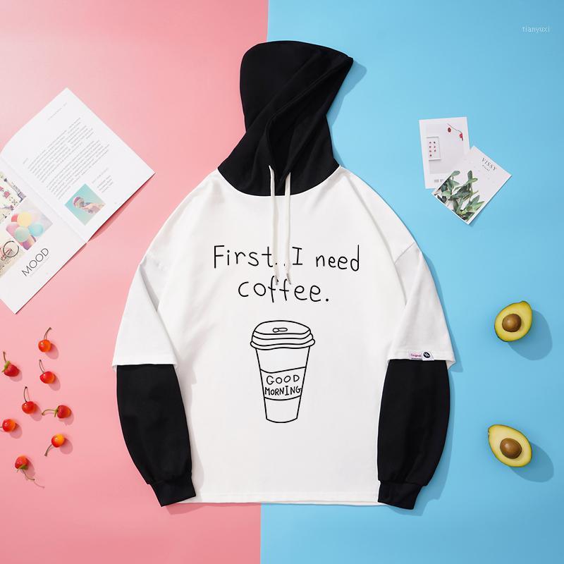 

Women's Hoodies & Sweatshirts FIRST I NEED COFFEE Print Hoodie Autumn Spring Harajuku Kawaii Funny Sweatshirt Women Men Unisex Contrast Colo, White(hei)