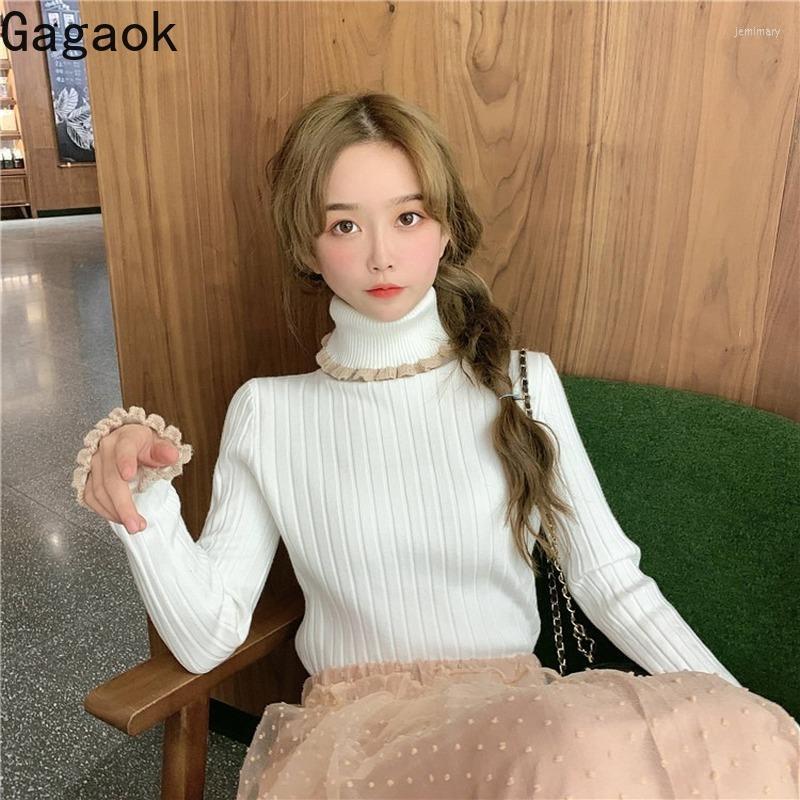 

Women's Sweaters Gagaok Women Knitted Office Lady Thick Sweater Autumn Winter Solid Ruffles Slim Wild Stretch Sweet Fashion Ladies Pullover, Black