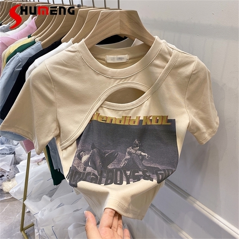 

Summer Hollow-out Short-Sleeved Slim-Fit Short Letter Girl Sexy Top Ins T-shirt for Women Crop Tops 220401, White