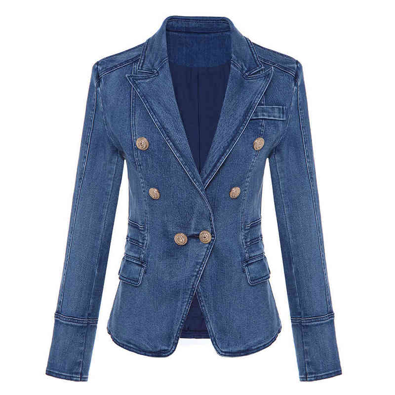 

High Quality Denim Jacket Women Autumn Winter Double Breasted Lion Button Buckle Wash Water Denim Jacket Women Blazer Jackets J220813, The photo