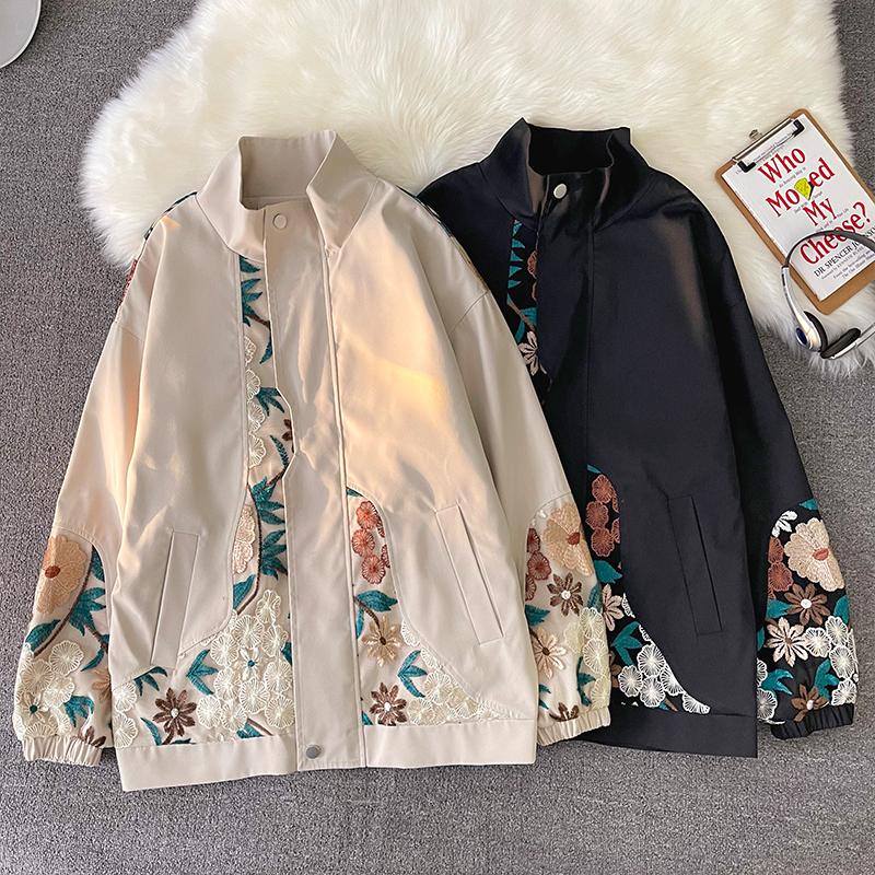 

Women's Plus Size Outerwear & Coats Jacket Women Embroidered Buds Splice Casual Zipper Long Sleeve Stand Collar Coat Vintage Bomber JacketWo, Beige