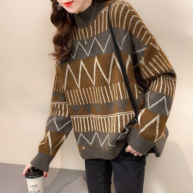 

Women's Sweaters Casual Geometry Retro Loose Half High Neck Sweater 2022 Winter Fashion Large Size Wear, Gray