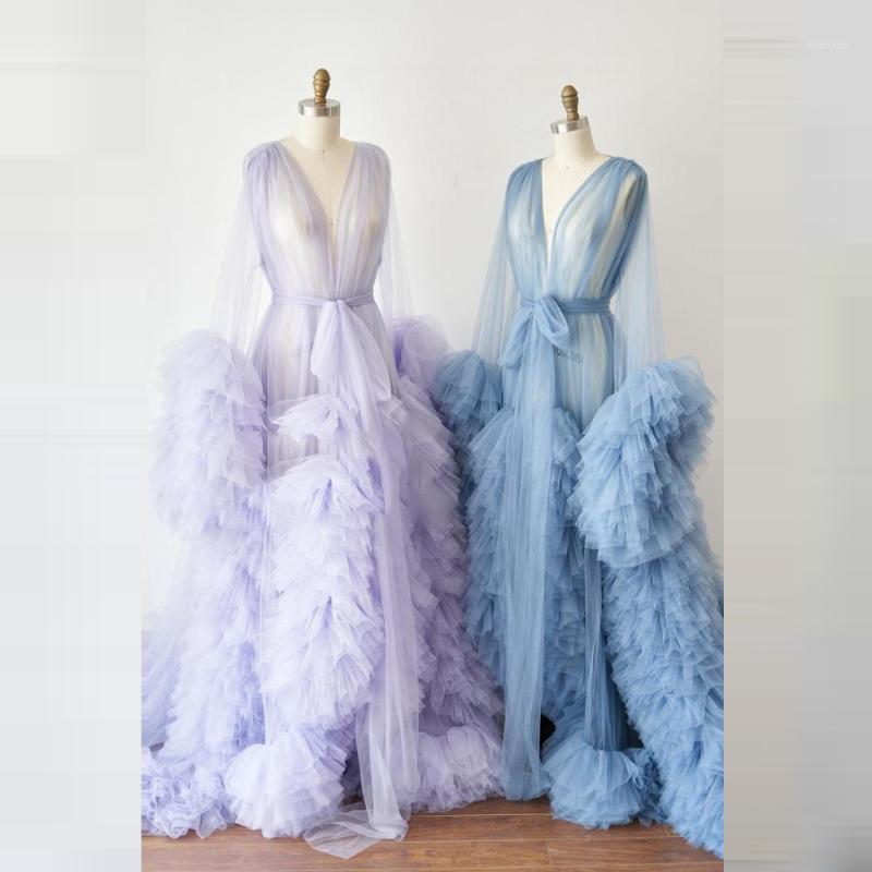 

Casual Dresses Real Image High Quality Ruffles Tulle Long Robe Women Summer To Maternity Poshoot Full Puffy Sleeves Prom Gowns, Mint